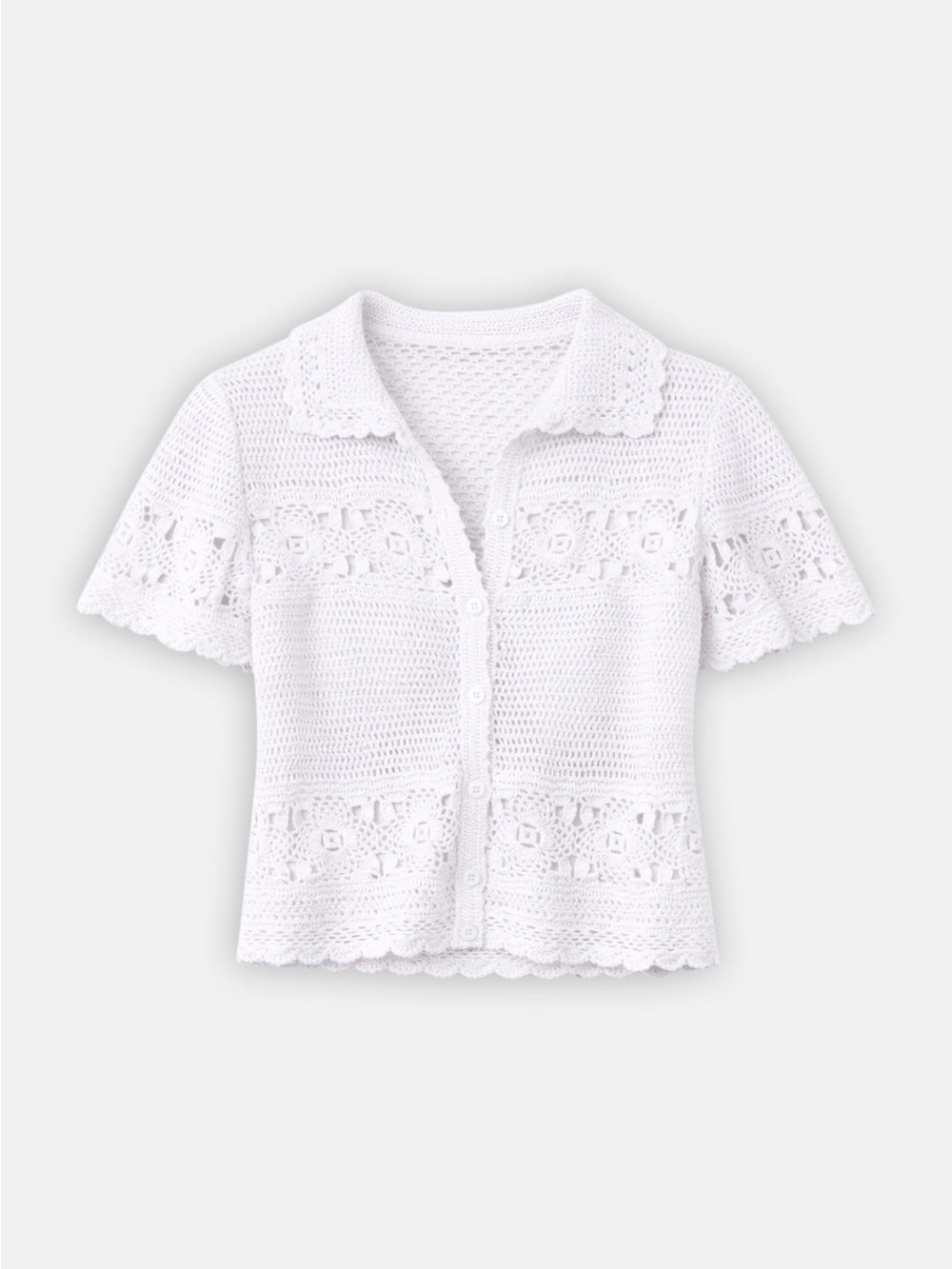 THE TILE CLUB White Crochet Button-Front Short Sleeve Cardigan Top
